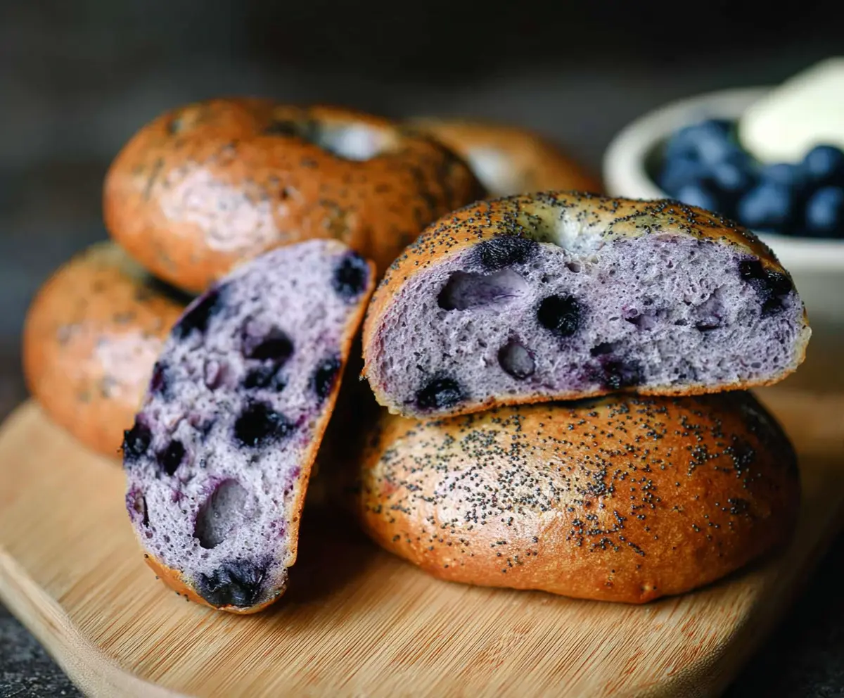Delicious homemade sourdough blueberry bagels on a rustic cutting board showcasing fresh blueberries.