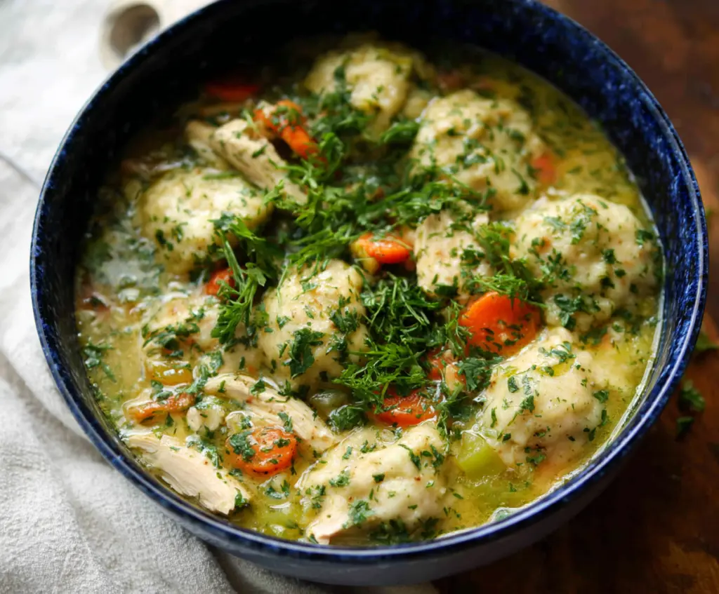 A bowl of Spring Chicken and Dumpling Soup garnished with fresh herbs, showcasing tender chicken, fluffy dumplings, and vibrant green herbs.