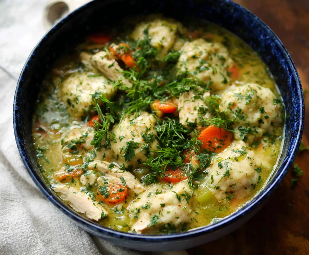 A bowl of Spring Chicken and Dumpling Soup garnished with fresh herbs, showcasing tender chicken, fluffy dumplings, and vibrant green herbs.