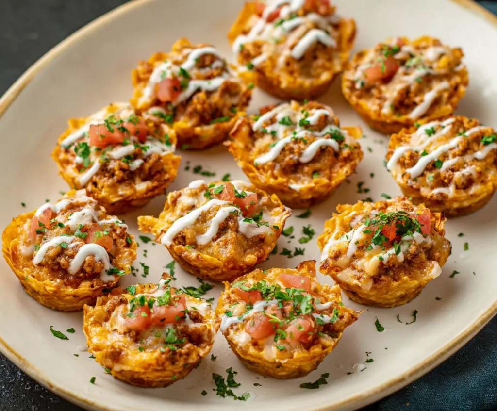 Delicious Taco Ranch Bites with crispy shells, seasoned meat, and fresh toppings on a white plate.