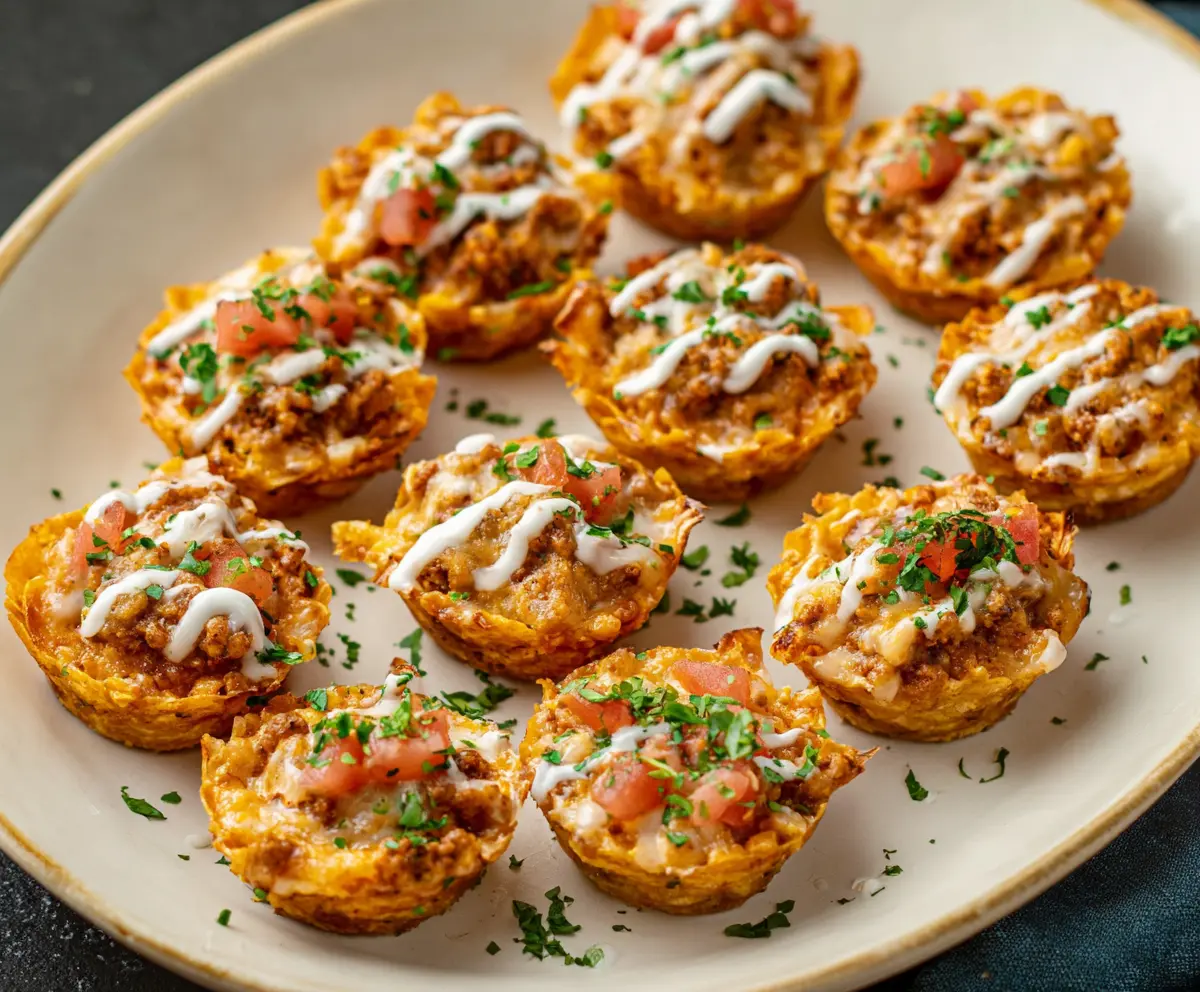 Delicious Taco Ranch Bites with crispy shells, seasoned meat, and fresh toppings on a white plate.