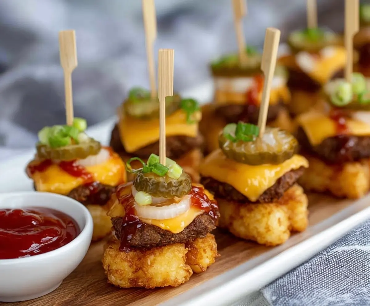 Delicious Tater Tot Mini Cheeseburger Bites arranged on a serving plate, perfect for party appetizers.