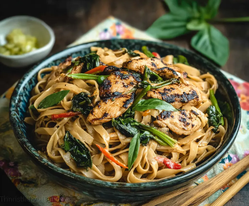 Delicious Thai Basil Chicken Noodles served in a bowl, garnished with fresh herbs and colorful vegetables.