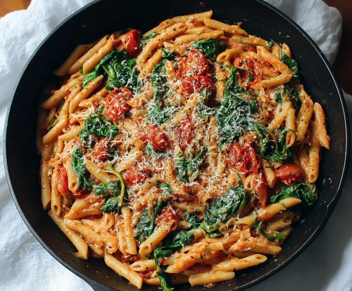 Delicious tomato spinach pasta dish with fresh ingredients and vibrant colors