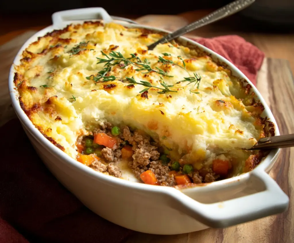 Delicious homemade Turkey Shepherd's Pie with mashed potatoes and savory turkey filling.