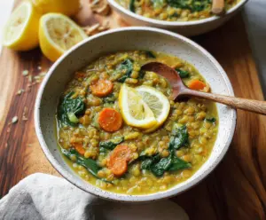 Delicious vegan lemon lentil soup garnished with turmeric in a bowl.