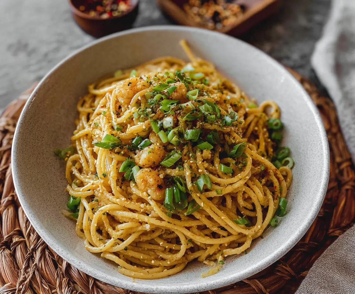 Delicious Vietnamese Garlic Noodles garnished with fresh herbs and crispy toppings