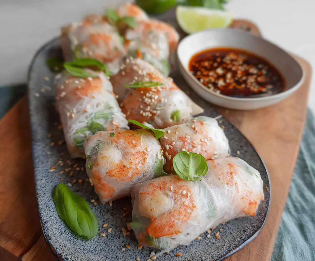 Delicious Air Fryer Shrimp Rice Paper Rolls with fresh vegetables and herbs