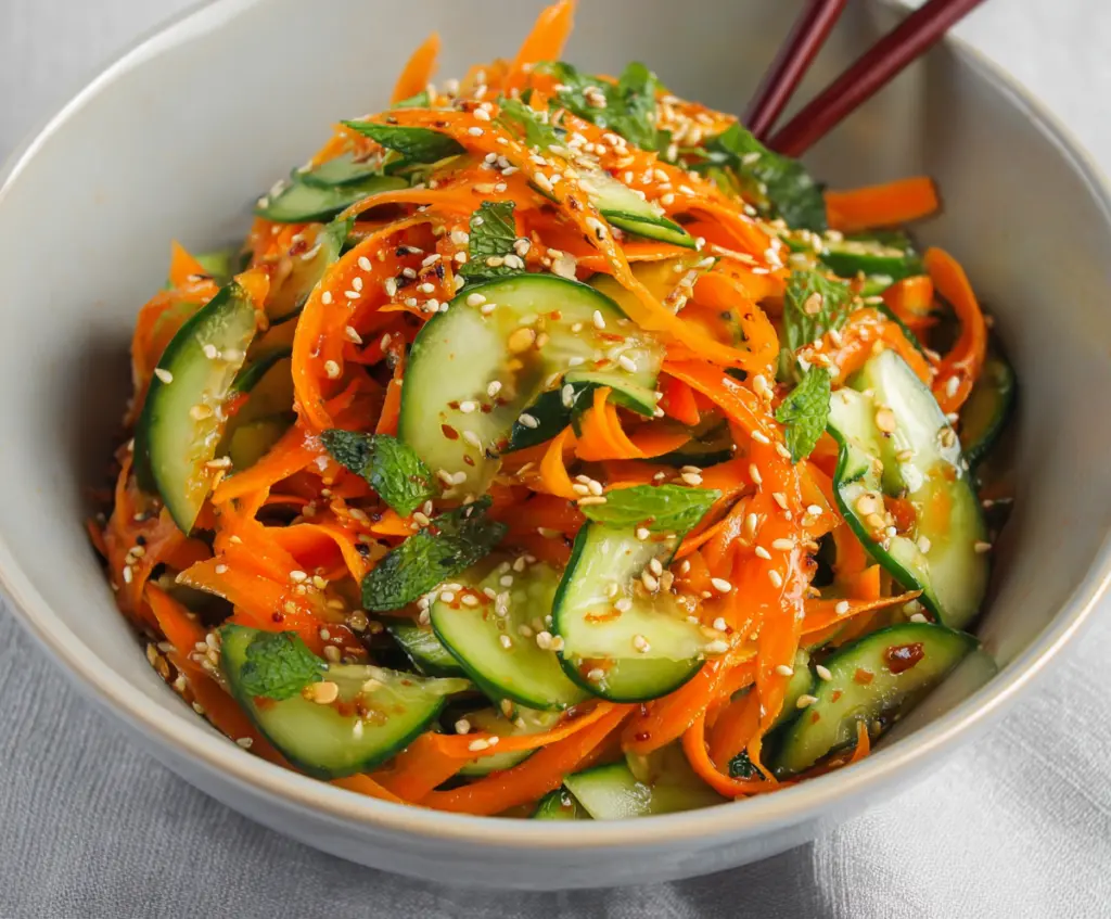 Fresh Asian carrot and cucumber salad with vibrant colors and crunchy textures for a healthy meal.