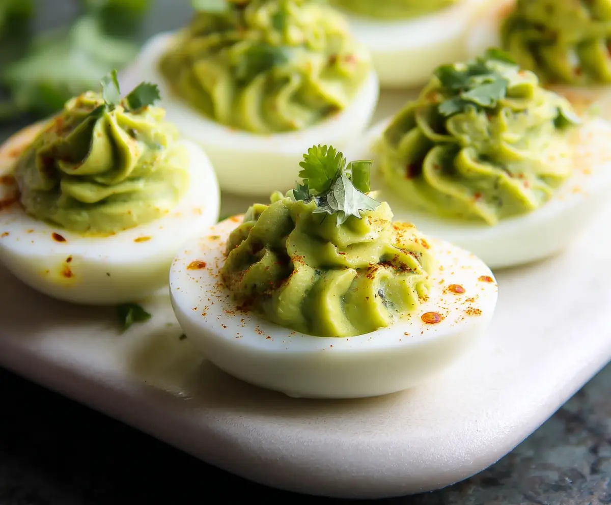 Creamy avocado deviled eggs garnished with herbs on a white plate