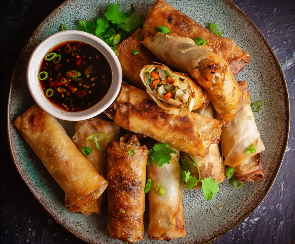 Crispy baked Chinese vegetable spring rolls served with dipping sauce on a plate.