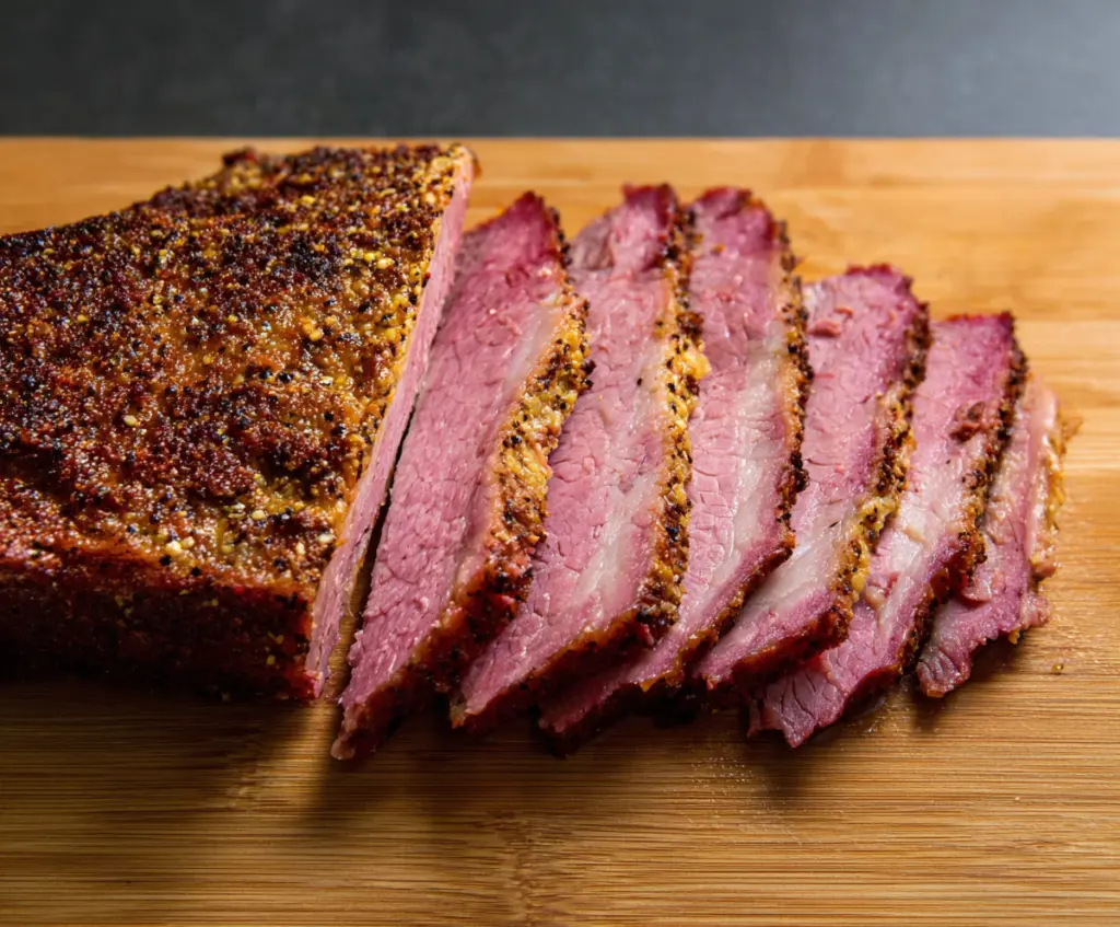 Juicy baked corned beef brisket served with crispy vegetables and herbs.