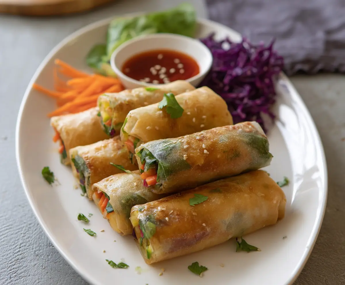 Vibrant vegetable spring rolls with crispy rice paper and colorful fillings, perfect for a healthy snack