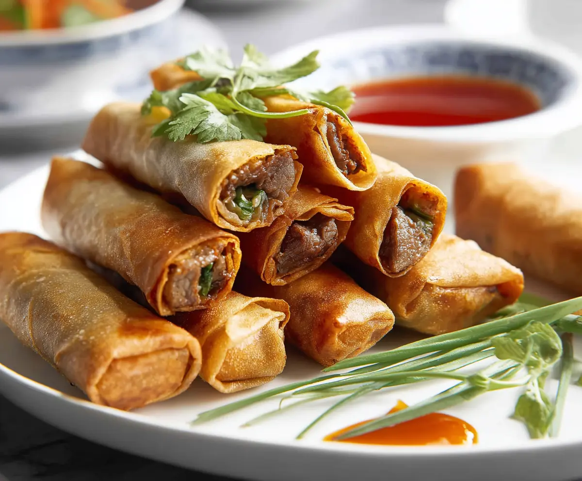 Delicious beef spring rolls with fresh vegetables and crispy spring roll wrappers.