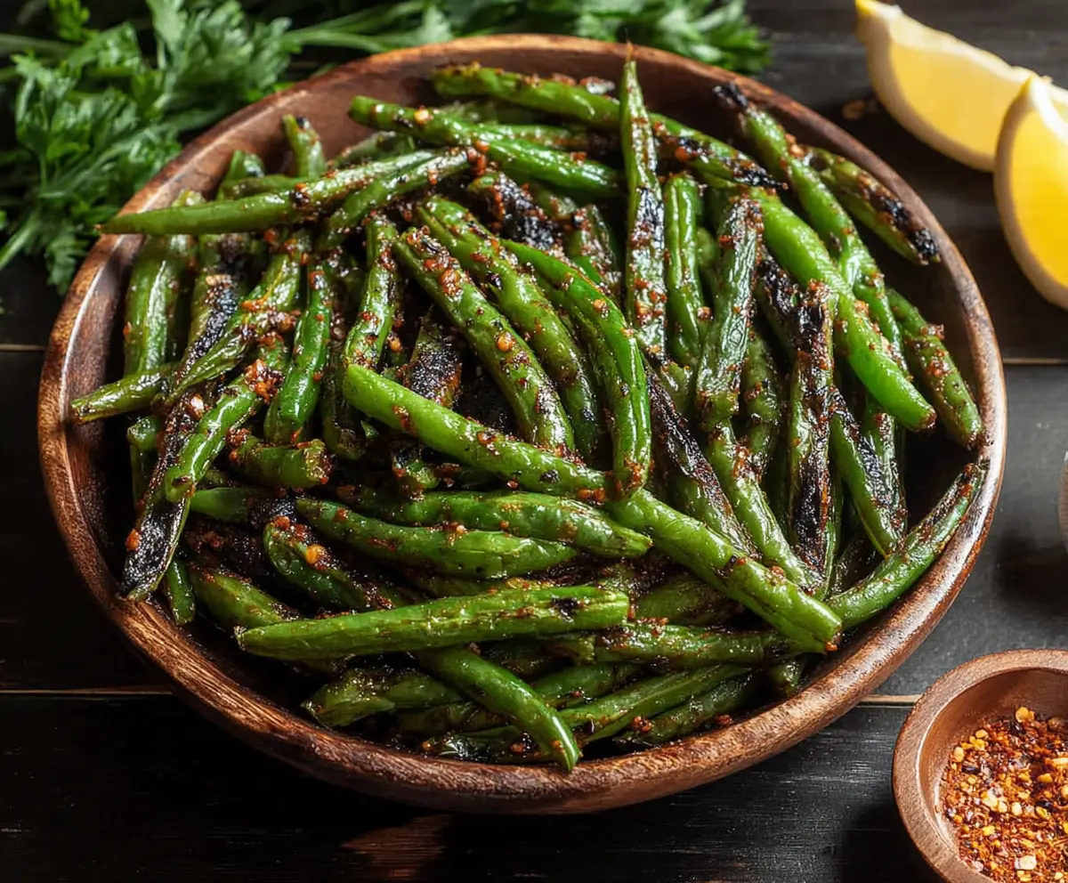 Delicious blackened green beans seasoned with spices, served as a flavorful side dish.