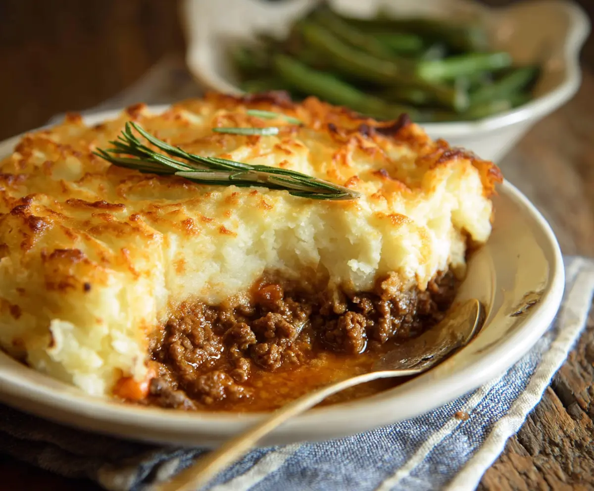 Delicious homemade British Shepherd's Pie with a savory meat and mashed potato topping.