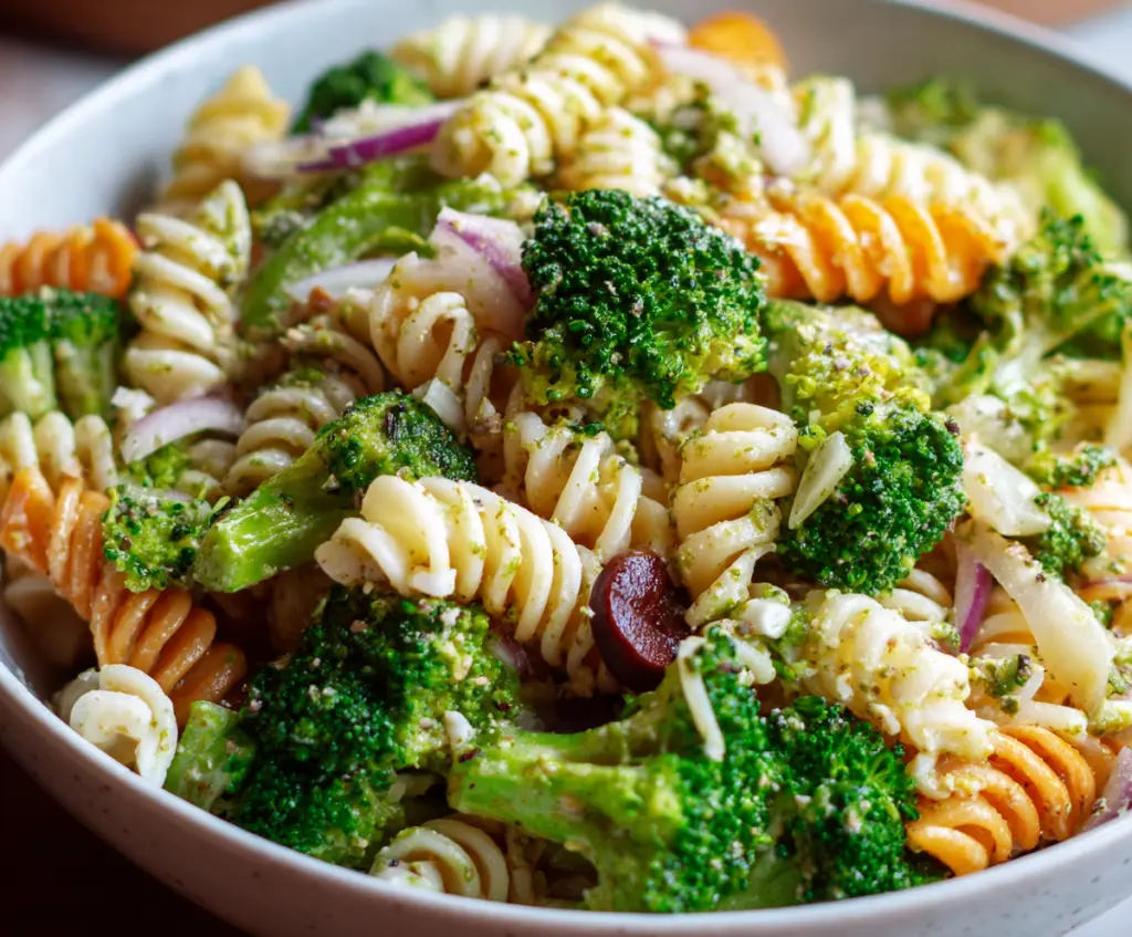 Colorful broccoli pasta salad with fresh vegetables and a tangy dressing, perfect for summer picnics.