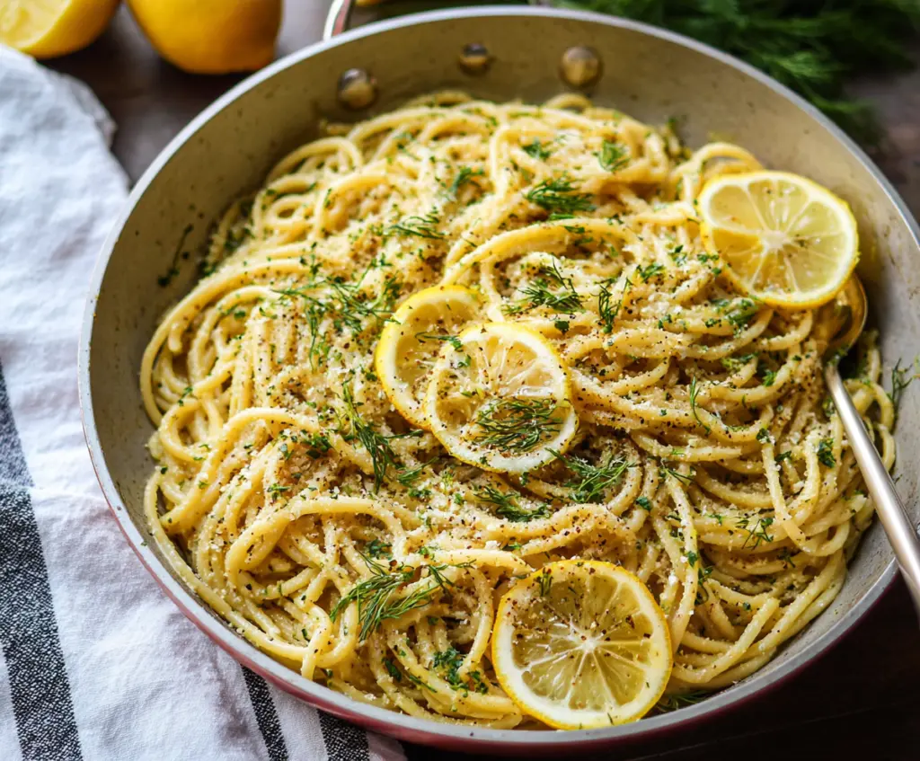 Creamy browned butter lemon dill pasta garnished with fresh herbs on a white plate