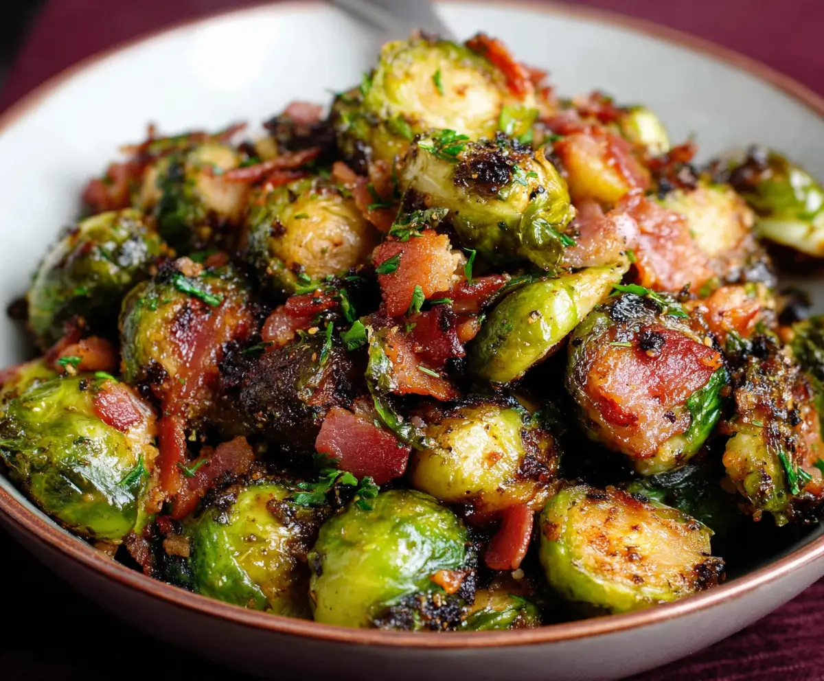 Delicious roasted Brussels sprouts with crispy bacon pieces, ready to serve as a savory side dish.