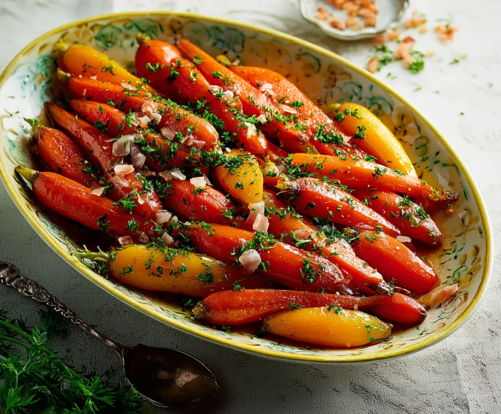 Glazed candied carrots garnished with fresh herbs on a rustic wooden table.