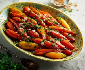 Glazed candied carrots garnished with fresh herbs on a rustic wooden table.