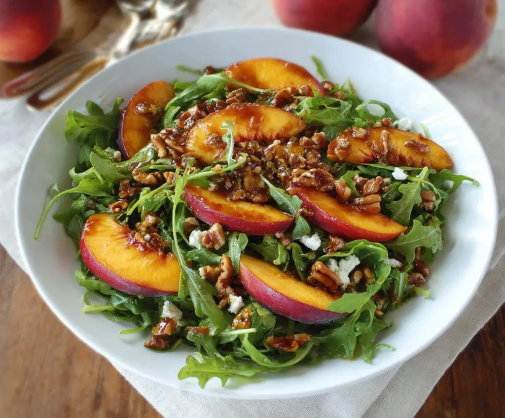 Fresh Caramelized Onion and Peach Salad served on a plate with arugula and nuts.