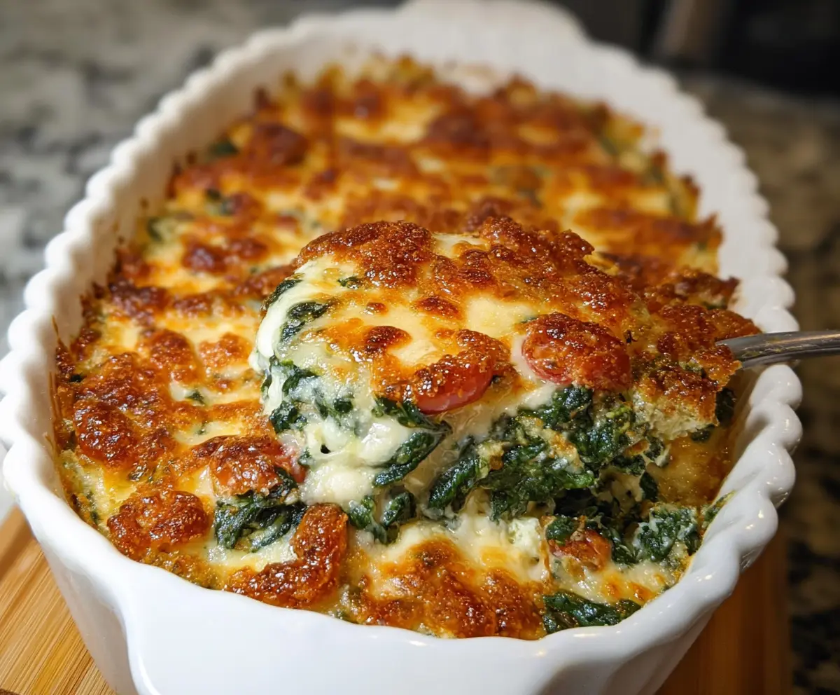Delicious Cheesy Italian Spinach Bake in a baking dish topped with melty cheese and fresh spinach