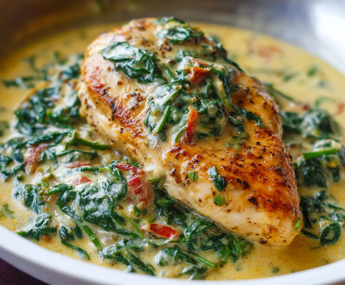 Juicy chicken breast served with a creamy spinach Parmesan sauce on a elegant plate.