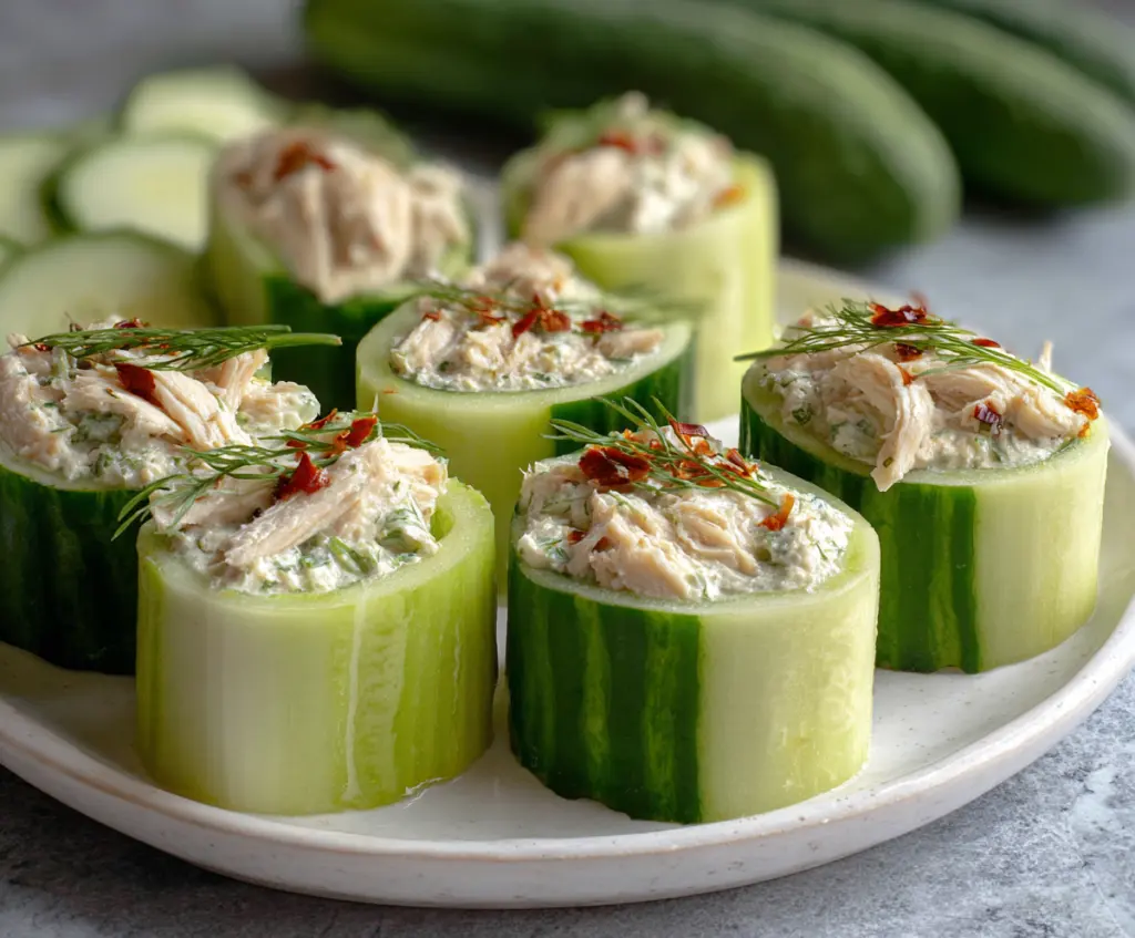 Fresh Chicken Salad Cucumber Roll Ups served as a healthy appetizer or snack.