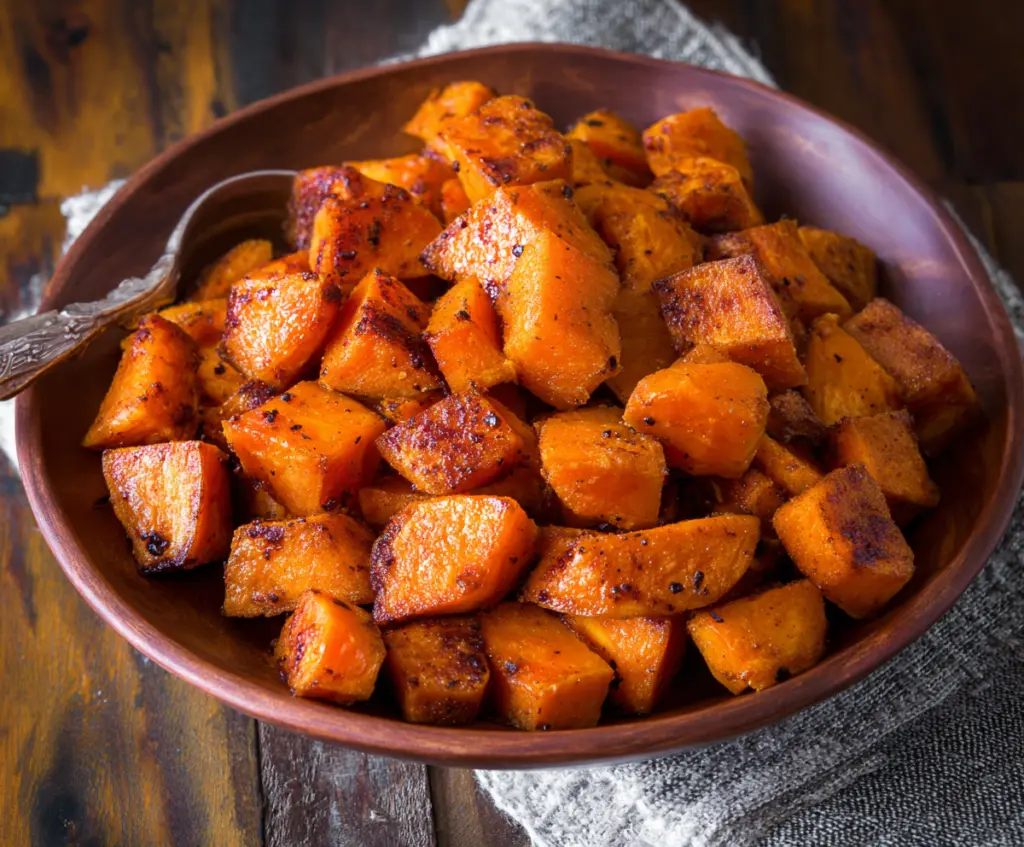 Delicious cinnamon roasted sweet potatoes garnished with fresh herbs on a white plate.