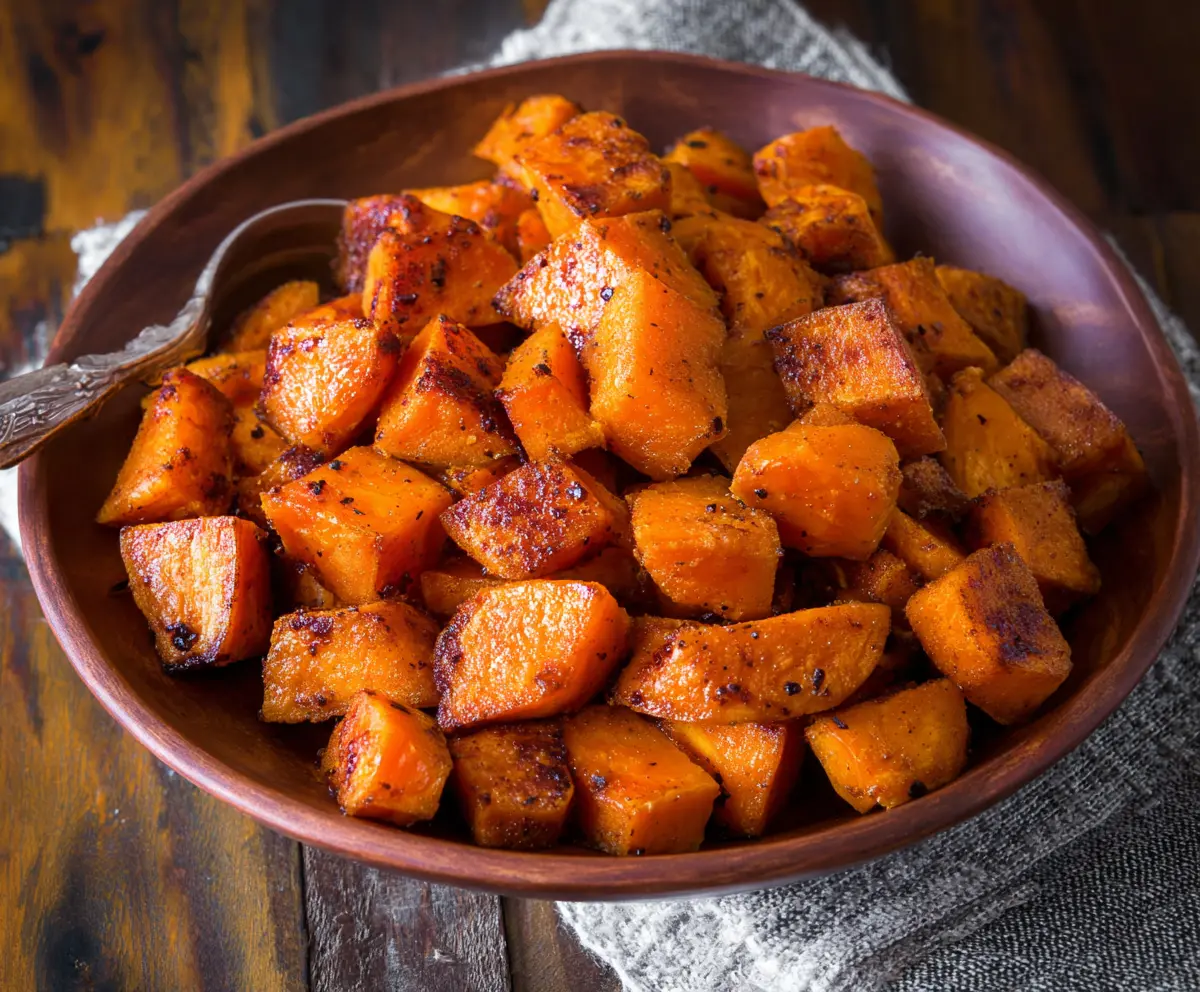 Delicious cinnamon roasted sweet potatoes garnished with fresh herbs on a white plate.