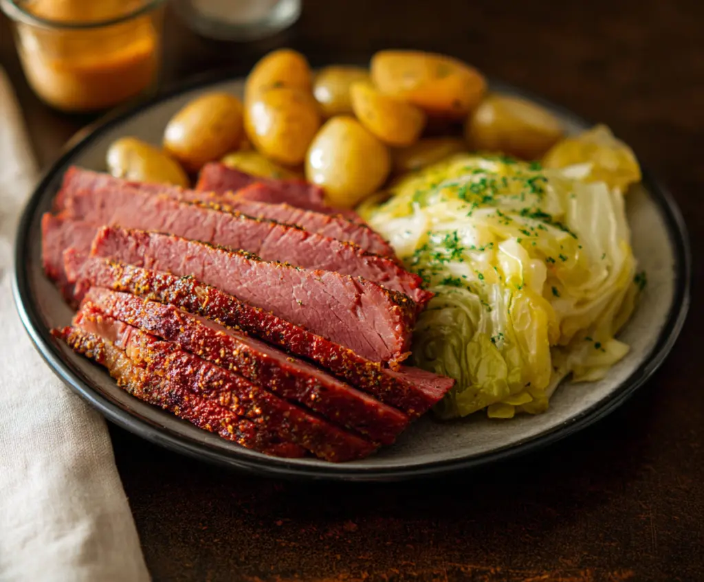 Delicious corned beef and cabbage dinner served on a rustic platter