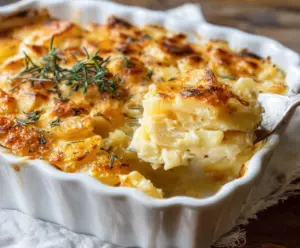Delicious creamy cheddar potato bake fresh out of the oven with melted cheese and golden crust.