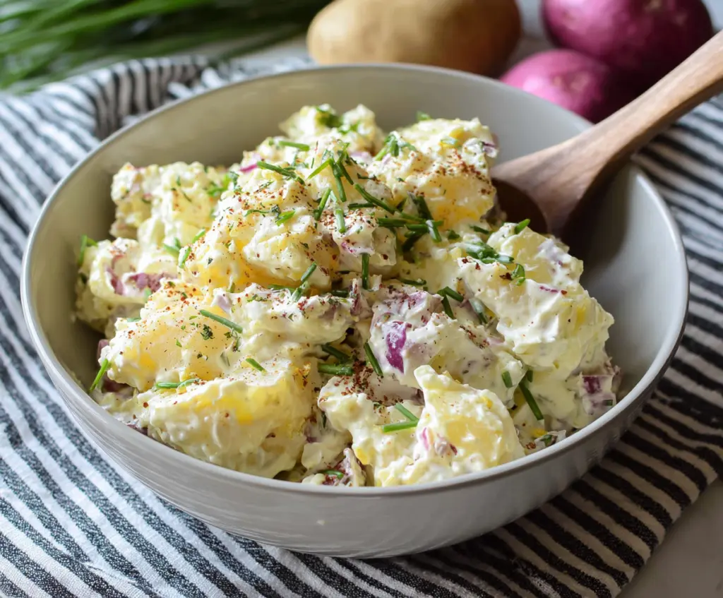 Creamy potato salad with fresh herbs and a creamy dressing on a white plate.