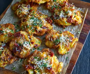 Delicious crispy cheesy smashed potatoes served on a plate, topped with melted cheese and herbs.