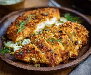Crispy Dill Pickle Parmesan Chicken served with fresh herbs and lemon wedge.
