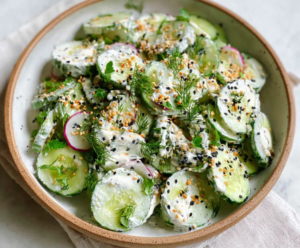 Fresh cucumber and bagel salad topped with sesame seeds and everything bagel seasoning.
