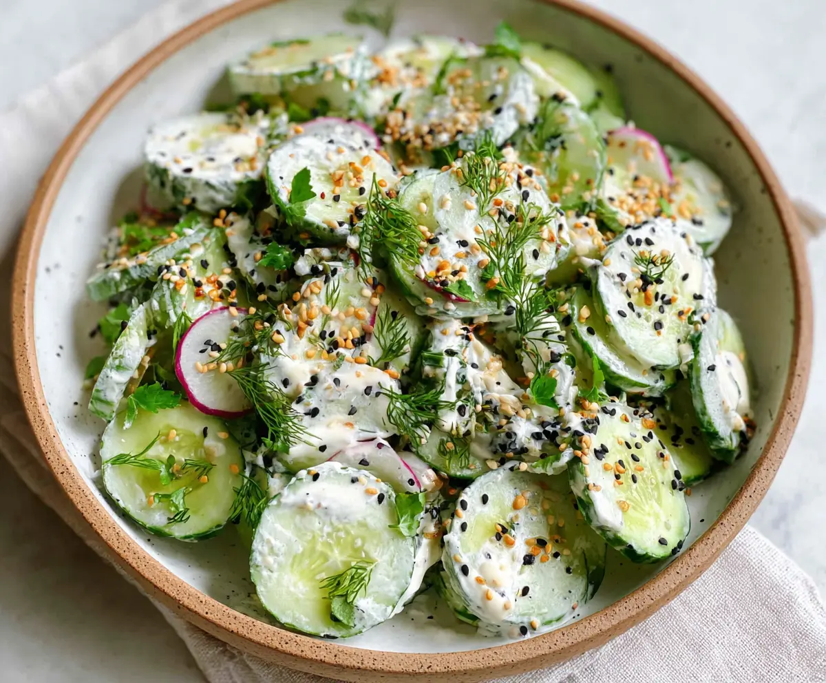 Fresh cucumber and bagel salad topped with sesame seeds and everything bagel seasoning.
