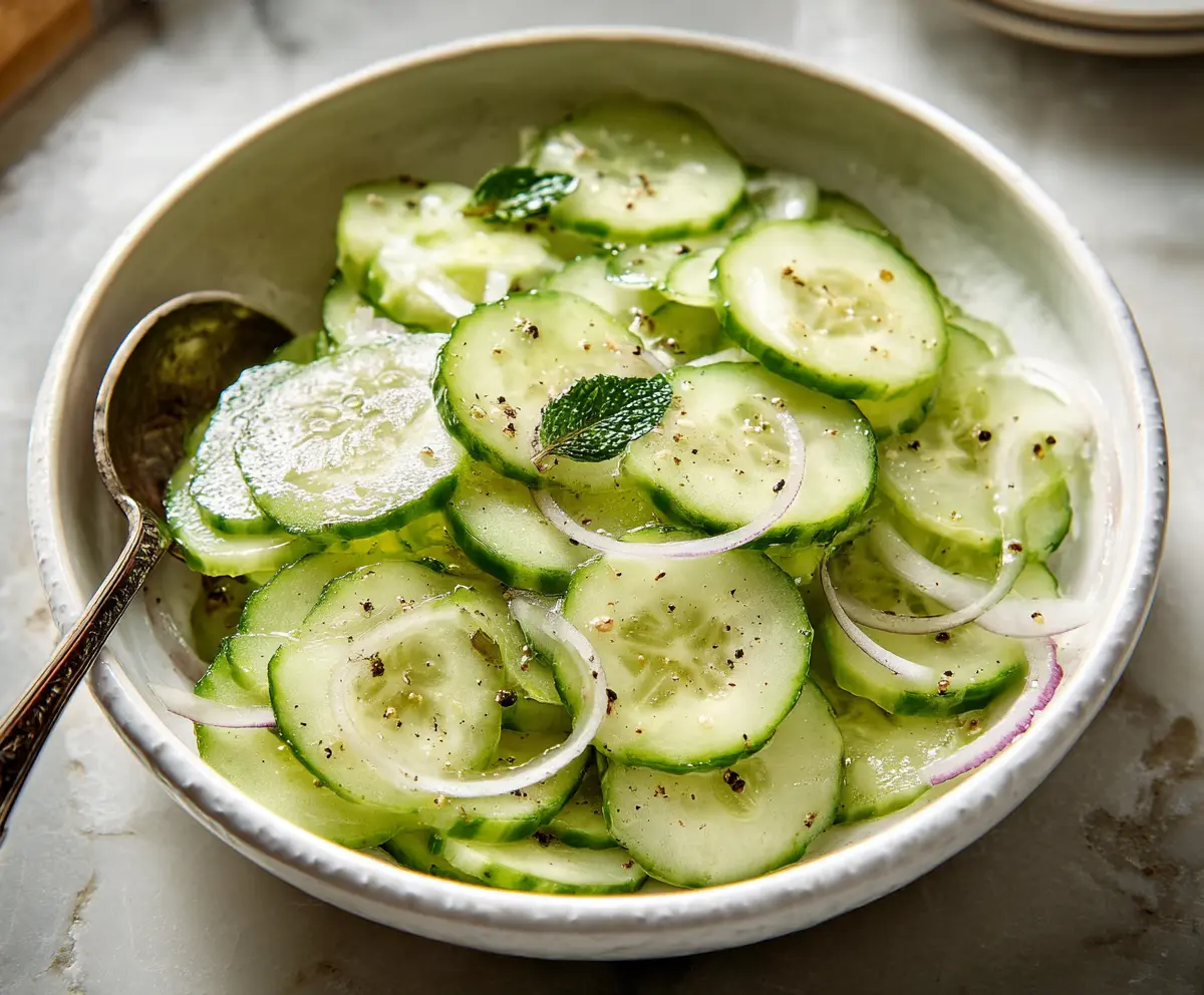 Refreshing cucumber vinegar salad with fresh herbs, perfect for a light summer appetizer.