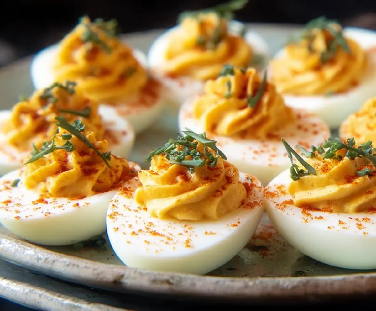 Creamy deviled eggs garnished with paprika and fresh herbs on a white plate.