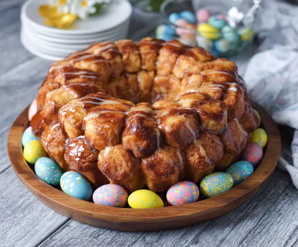 Delicious Easter Brunch Monkey Bread with golden crust and sweet glaze on a festive plate
