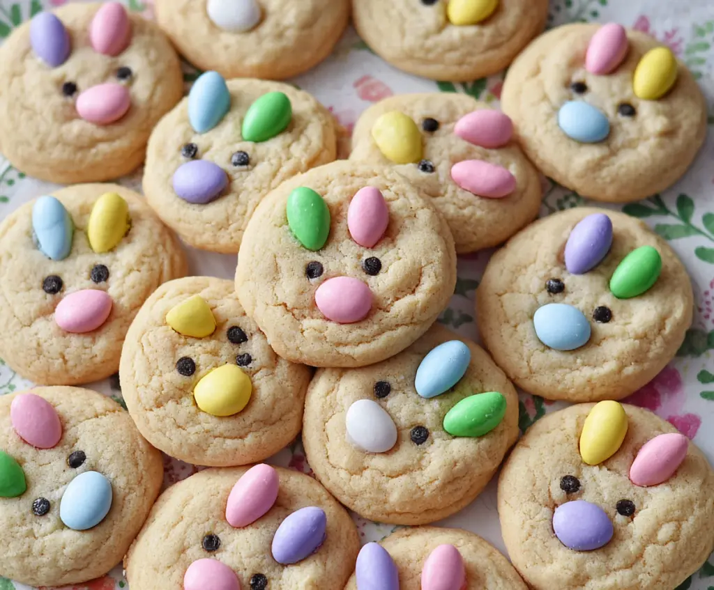 Chocolate chip cookies decorated with colorful Easter Bunny M&Ms for a festive holiday treat.