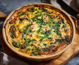 Easter Ham and Spinach Quiche sliced and served on a white plate, perfect for holiday brunch.