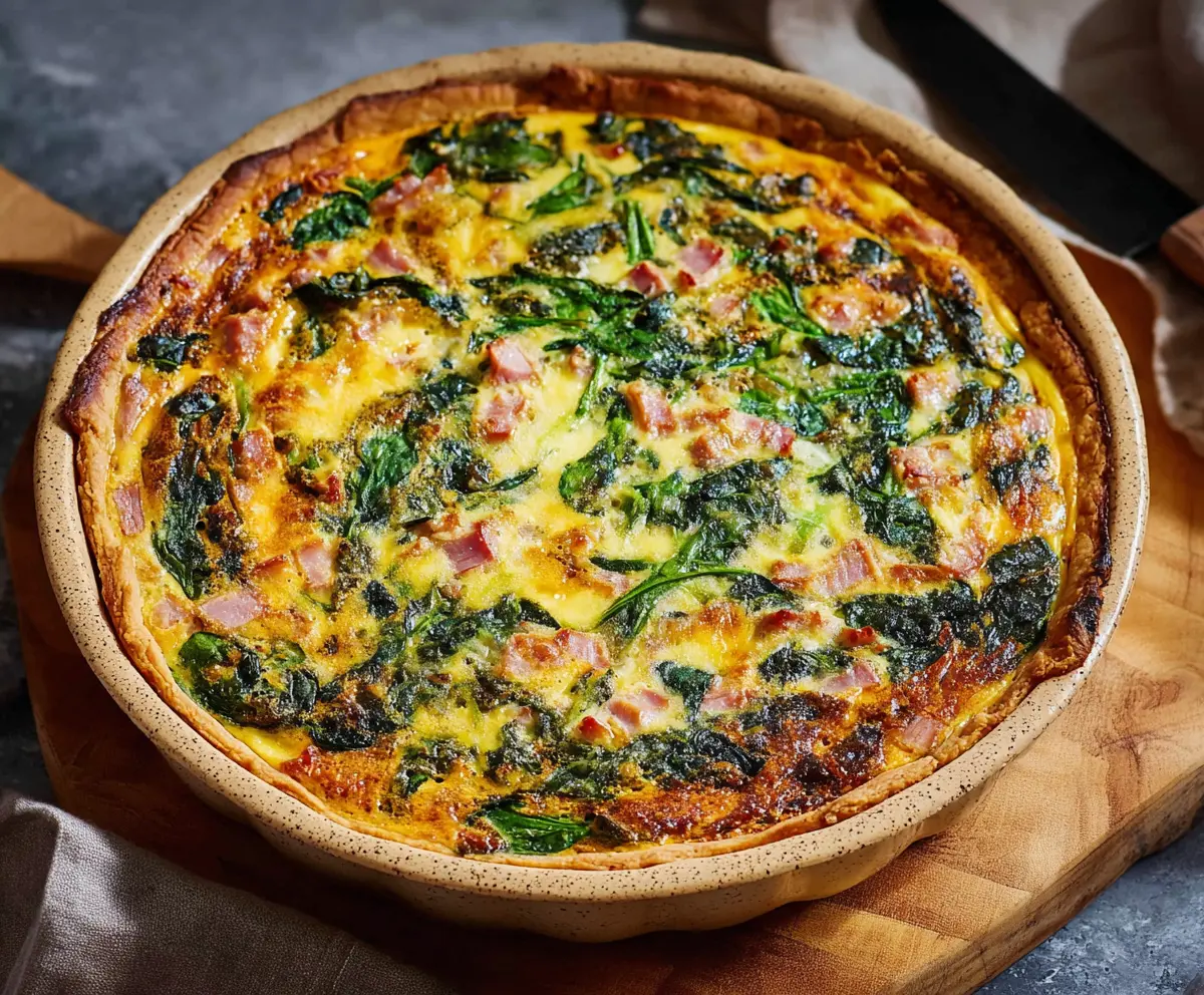 Easter Ham and Spinach Quiche sliced and served on a white plate, perfect for holiday brunch.