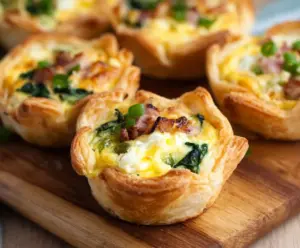 Easter Puff Pastry Quiche Cups with fresh vegetables and cheese in a festive presentation