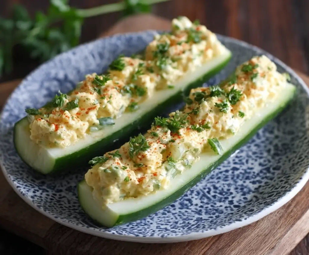 Fresh cucumber boats filled with creamy egg salad, perfect for a healthy snack or appetizer.