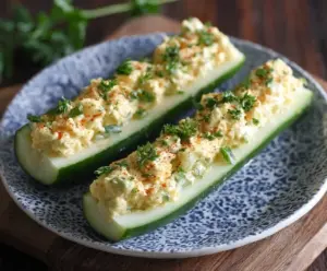 Fresh cucumber boats filled with creamy egg salad, perfect for a healthy snack or appetizer.