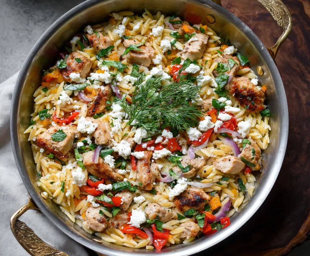 Delicious feta orzo with tender chicken, garnished with fresh herbs, on a white plate.