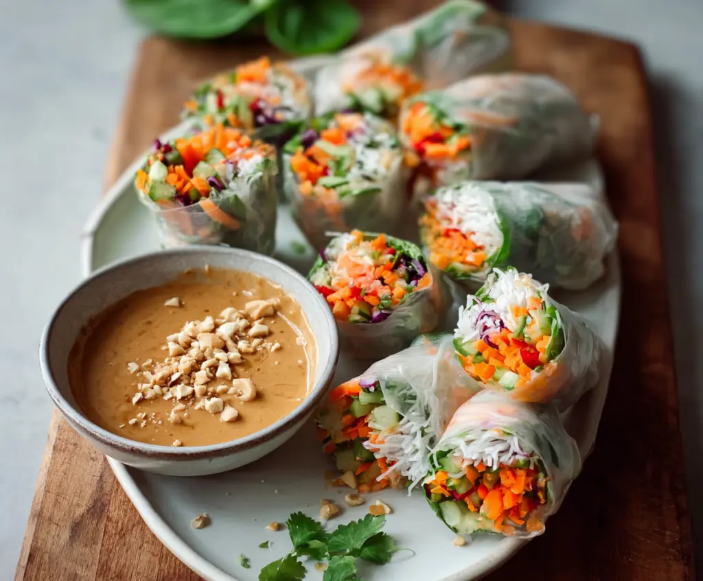 Colorful fresh spring rolls filled with vegetables and herbs served with creamy peanut sauce