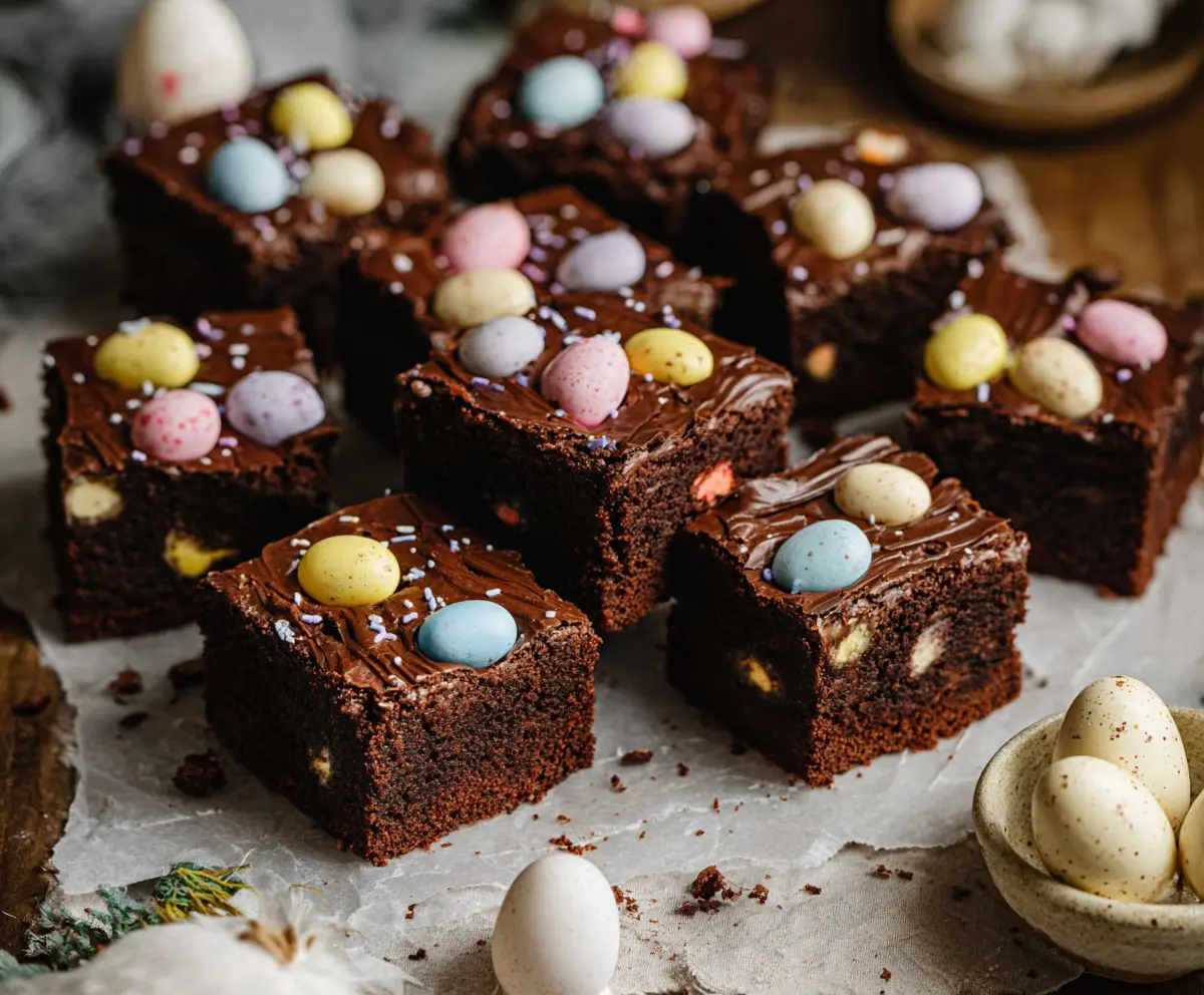 Delicious Frosted Mini Egg Easter Brownies with colorful mini eggs on top